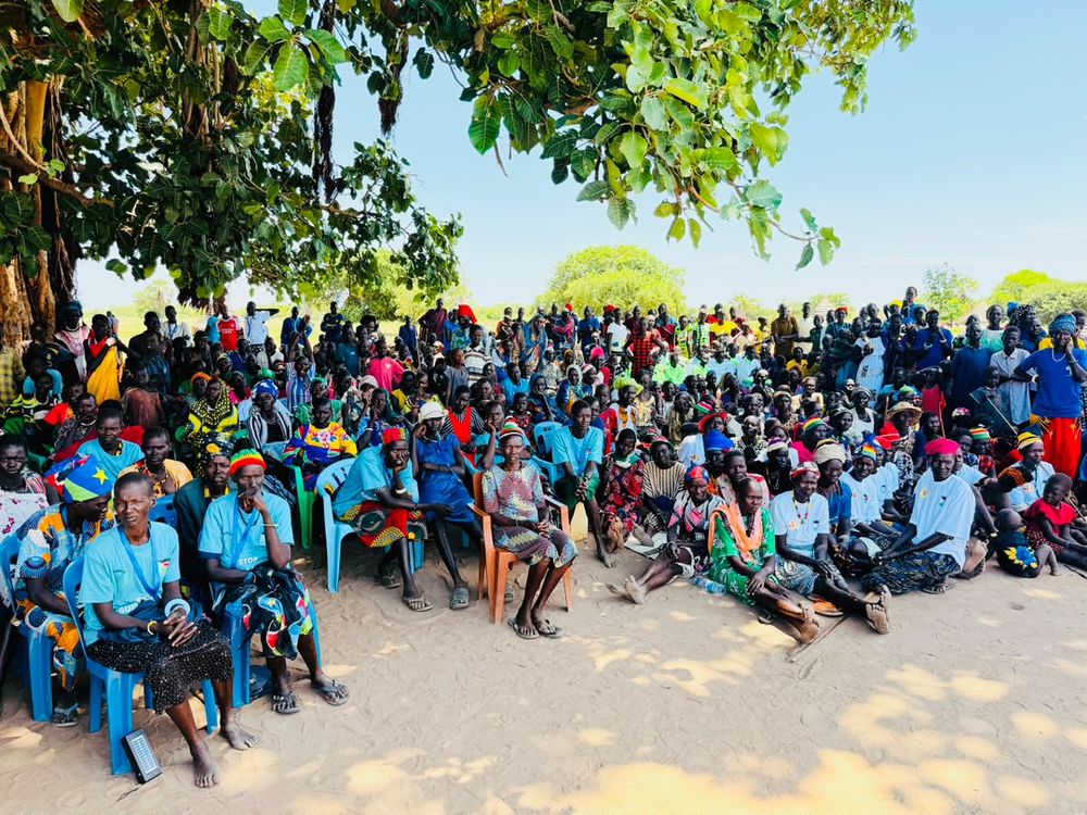 A large community assembly under the trees